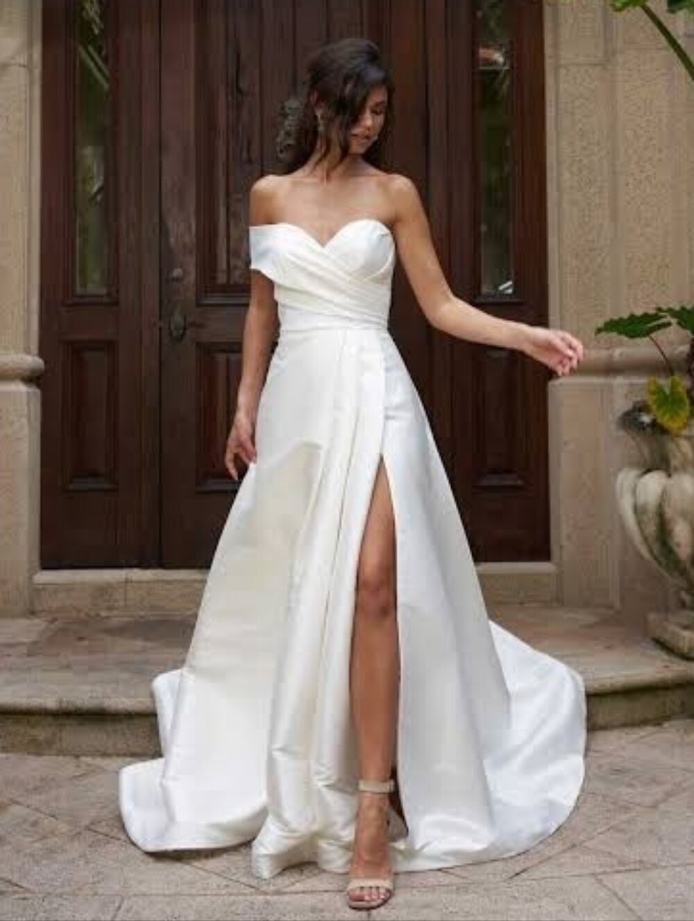 Designer Ivory One Shoulder Ball Gown With Leg Slit, Pockets, And Veil!